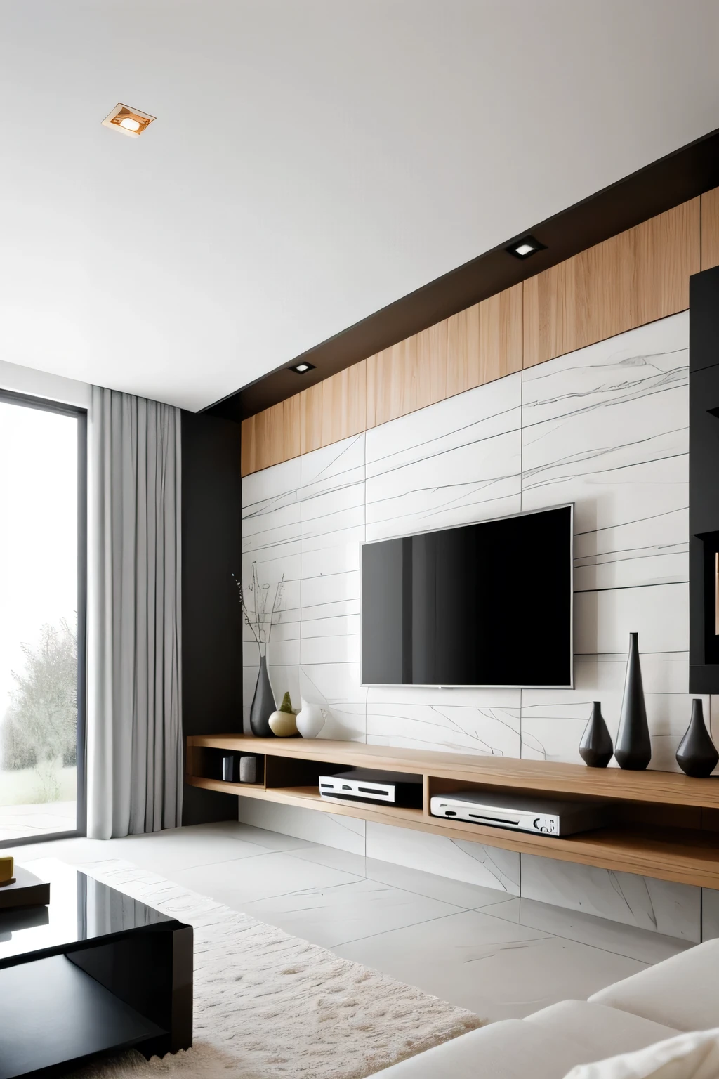 Professional 3d architecture rendering design of modern and minimal tv wall with wood and slab stone marble 