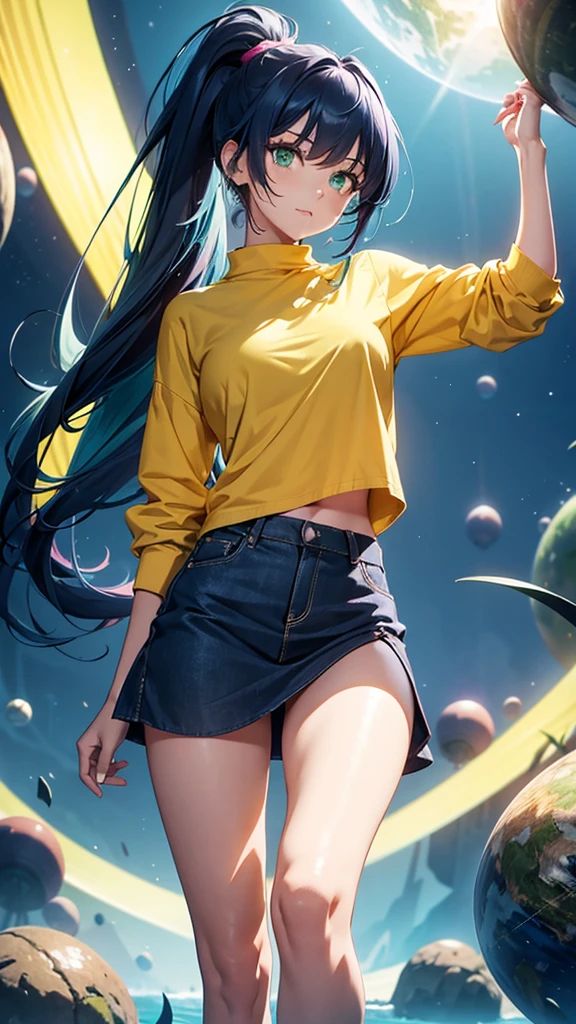 8k, very beautiful woman, navy blue hair, green eyes, ponytail hair, long hair, yellow shirt, pink miniskirt, two bare arms, two bare legs, planet Earth background