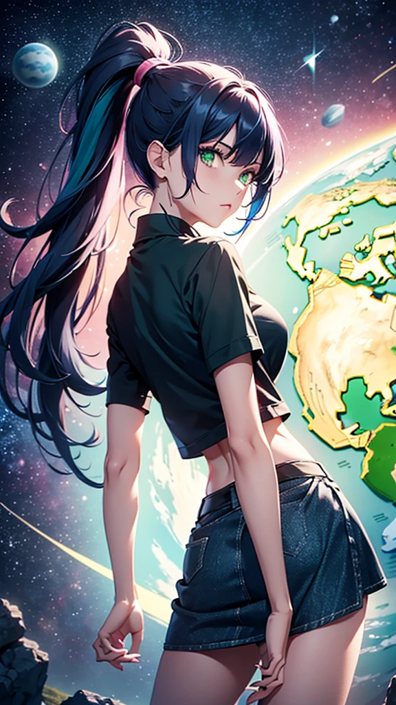 8k, very beautiful woman, navy blue hair, green eyes, ponytail hair, long hair, yellow shirt, pink miniskirt, two bare arms, two bare legs, planet Earth background