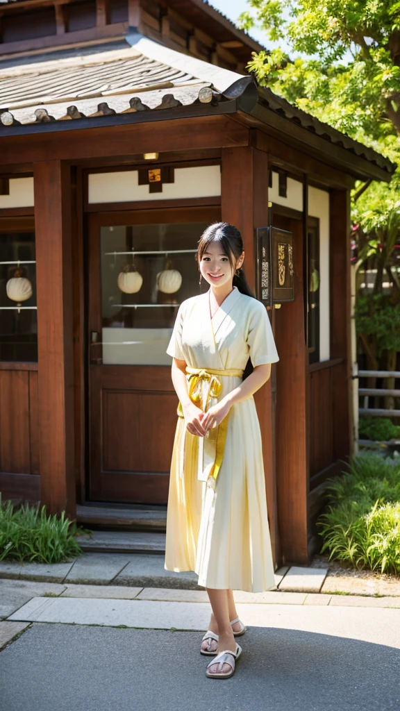 Emily, standing outside the udon restaurant under a traditional noren, her expression peaceful and content after a wonderful meal. Her natural beauty and the traditional setting create a harmonious image. She is dressed in a stylish summer dress suitable for the warm weather.