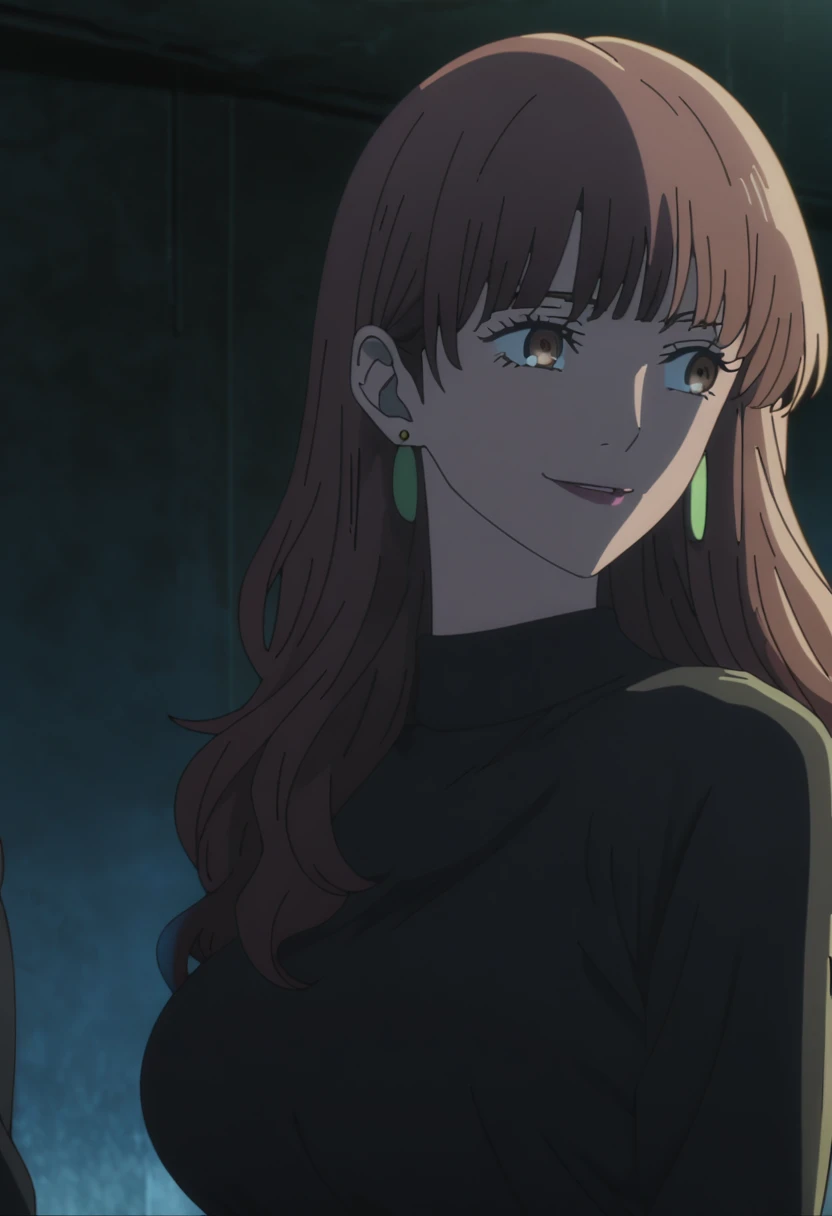1girl, female gojo satoru, anime screencap from jujutsu kaisen, gojo satoru female version, solo, long_hair, blue eyes ((Dark Brown_hair, wavy hair)), night view, (hanging breasts) upper_body, smile, indoors, brown_eyes, (straight hair) (wearing round sunglasses) ((wearing black sweater outfit)) breast, "very detailed and high resolution" (brown eyes) ((solo)) (front view) (earings) ((high resolution)) ((good quality)) ((bangs))