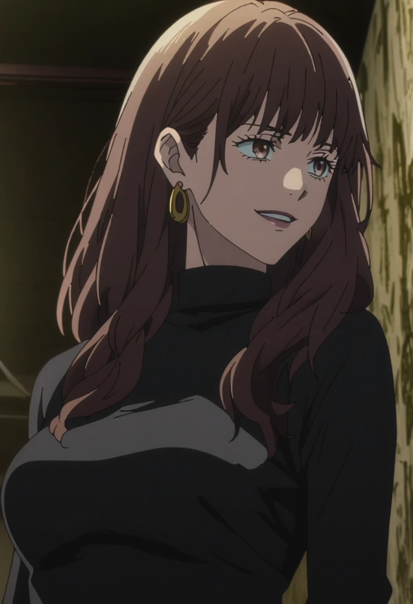 1girl, female gojo satoru, anime screencap from jujutsu kaisen, gojo satoru female version, solo, long_hair, blue eyes ((Dark Brown_hair, wavy hair)), night view, (hanging breasts) upper_body, smile, indoors, brown_eyes, (straight hair) (wearing round sunglasses) ((wearing black sweater outfit)) breast, "very detailed and high resolution" (brown eyes)  ((solo)) (front view) (earings) ((high resolution)) ((good quality)) ((bangs)) 