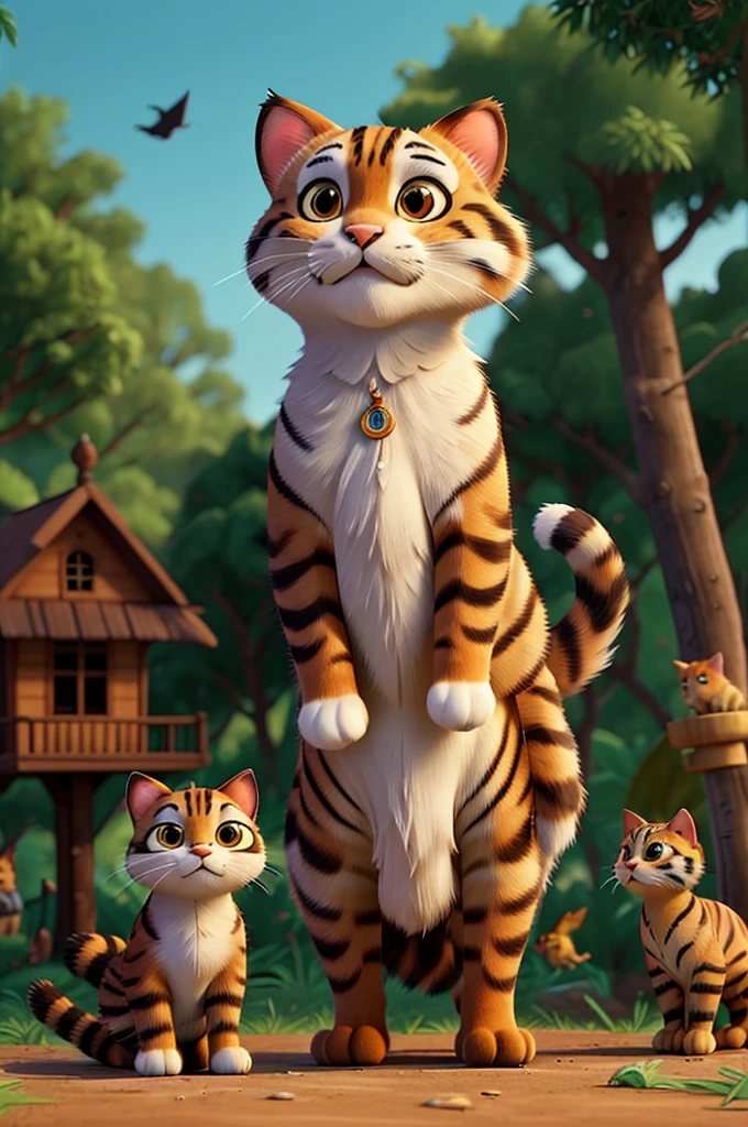 Baghu(cat) bravely standing in front of the big tiger, with the other forest animals dear, rabbit , birds watching in awe and admiration. The scene shows Baghu(cat) looking up at the tiger with a determined expression.