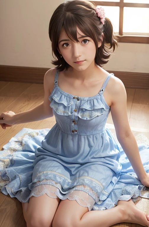 mirai kasuga (million live), 1 girl, Solo, Cute Girl, Best Quality, Ultra-detailed, 8K, High resolution, Detailed face, sitting on the floor, looking at viewer, (((scared:1.5, embarrassed, blush))), covering the chest by hand, ((light blue dress, sun dress, barefoot)),