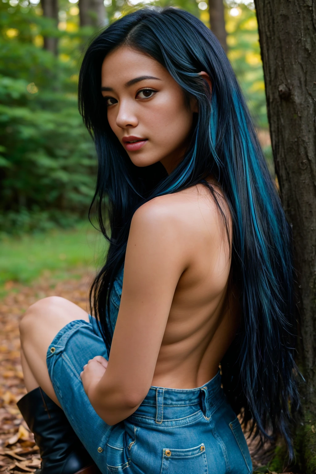 arafed woman with long black hair with blue highlights in the forest , flowing black hair, with black hair, photo of a beautiful woman, long flowing black hair, black golden hour, curly black hair, beautiful young asian woman, beautiful asian woman, wild ginger hair, black wispy hair, light black hair, a young asian woman, an asian woman, infp young woman, photo of a 24-year-old french girl in RAW UHD format from the back, Details (textures! , Hair! , glistering, Color!! , imperfections: 1.1), DSLR Lighting, SLR camera, Ultra-Quality, sharpness, Film grain (Downtown), Fujifilm XT3, Crystal clear, Frame Center, sharp-focus, bokeh (lit), day time, (open sky), detailed skin pores, oilly skin, suntan, Complex eye details, (((long distance, full body))), (((good hands, best hands))), (((beautiful boots)))