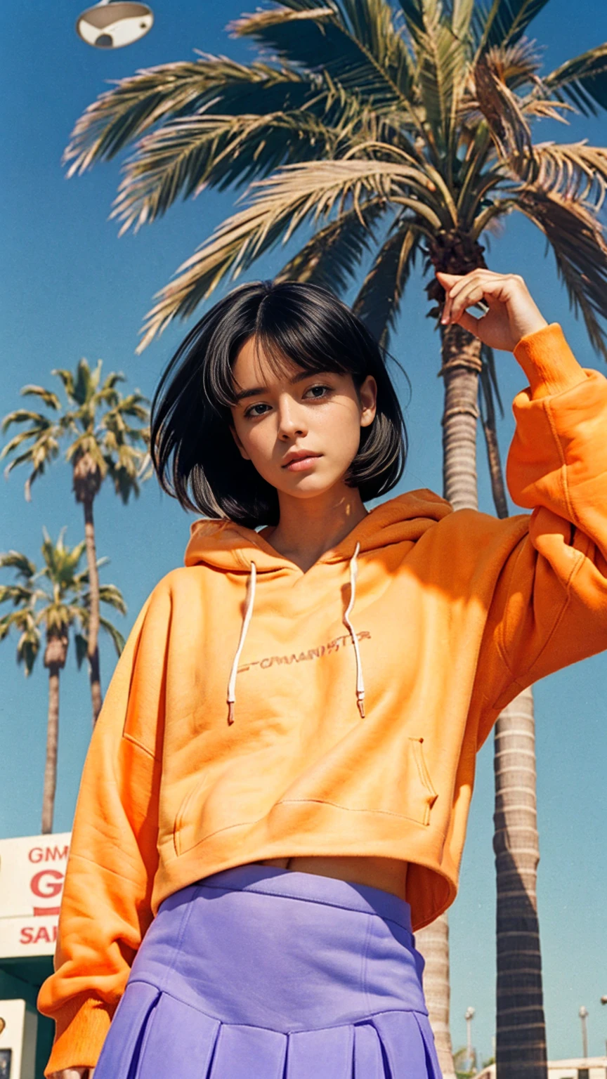 portrait of a 23 yo girl, (perfect natural breast) ,wear (((color orange oversized hoodie))), wear ((purple tennis skirt)),looking front,Best Quality,Masterpiece,Ultra High Resolution,(Realisticity:1.4),Original Photo, 1Girl, light leak,ultra high resolution,UHD,beautiful, (black bob hair), almond eye, no makeup, in front of ((80's gas station)), (realistic:1.2), (surreal:1.3), (very detailed:1.1), ((masterpiece)),summer, blue sky, palm trees,sunny, los angles vibes,film camera, 800mm lens,style of Philip Lorca diCorcia