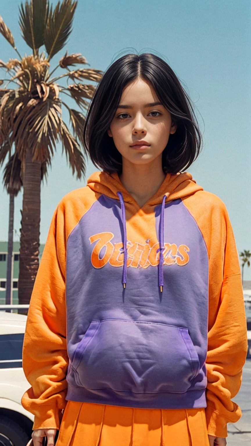 portrait of a 23 yo girl, (perfect natural breast) ,wear (((color orange oversized hoodie))), wear ((purple tennis skirt)),looking front,Best Quality,Masterpiece,Ultra High Resolution,(Realisticity:1.4),Original Photo, 1Girl, light leak,ultra high resolution,UHD,beautiful, (black bob hair), almond eye, no makeup, in front of ((80's gas station)), (realistic:1.2), (surreal:1.3), (very detailed:1.1), ((masterpiece)),summer, blue sky, palm trees,sunny, los angles vibes,film camera, 800mm lens,style of Philip Lorca diCorcia