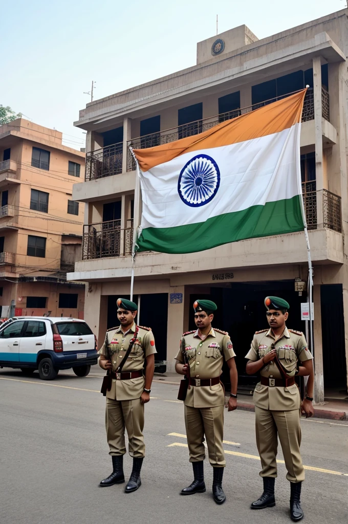 Indian soldiers are standing in a parade with the tricolor flag in their hands. The Indian flag is on the building behind. Jai Hind is written in the middle.