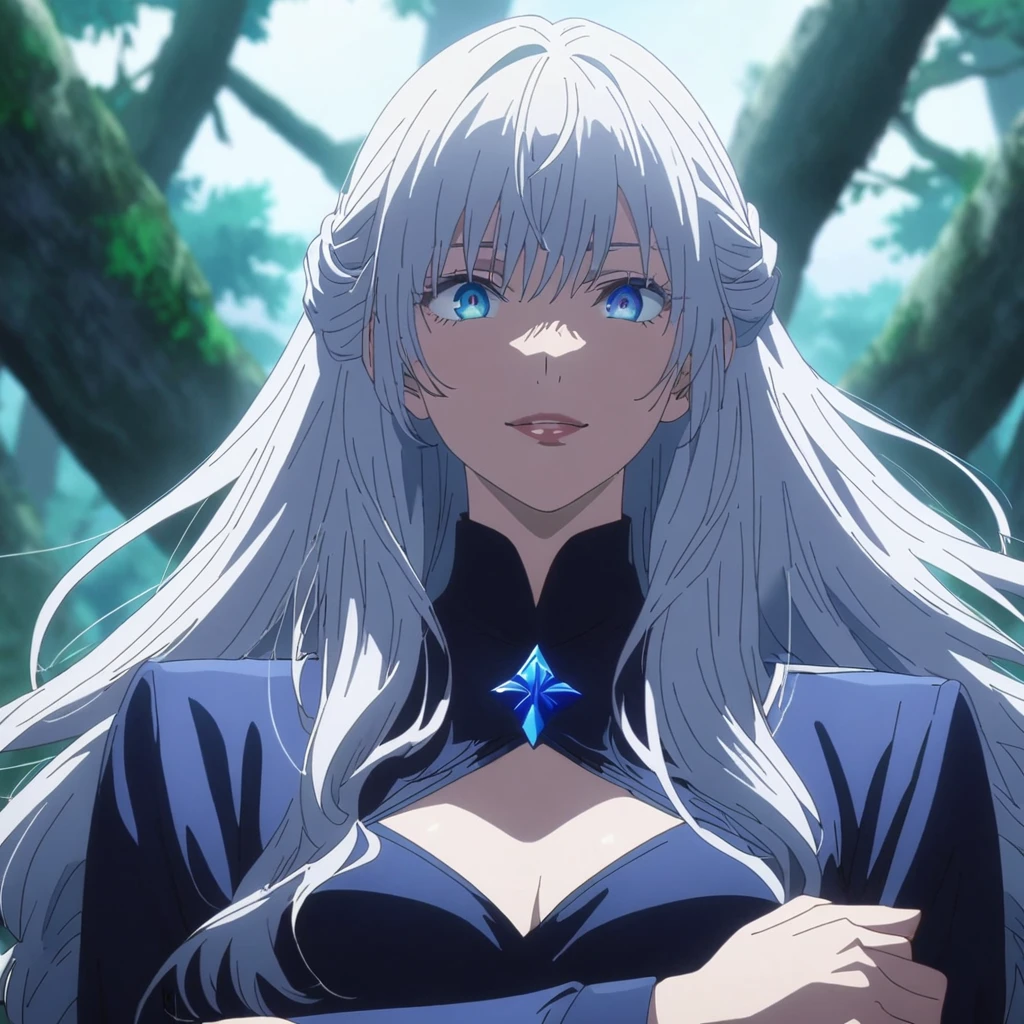 1girl, anime screencap from jujutsu kaisen, solo, very long_hair, ((smooth texture hair)) purple eyes, ((long hair, white hair, blue universal_eye)), breasts, upper_body, smile, forest background, blue_eyes, lips, ((long white hair, elegant hairstyle ,blue universal_eye)) wearing black color clothes, breast, "very detailed and high resolution" (blue eyes) ((cross arms)) ((smooth texture hair)) ((solo)) ((high resolution)) (Good quality)