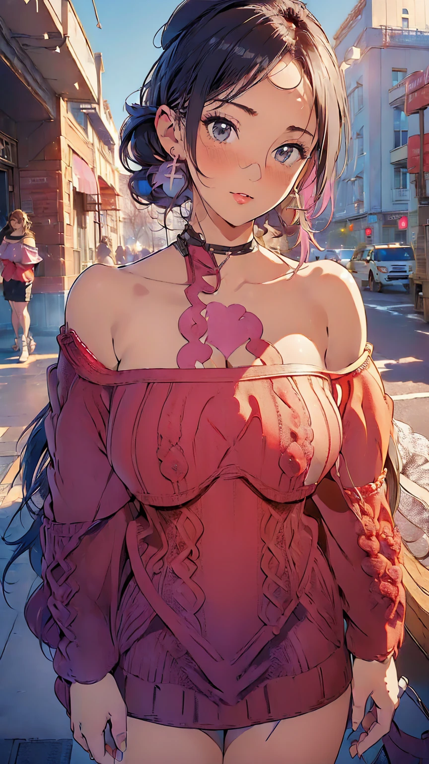 masterpiece,highest quality, Ultra-high resolution,(Beautiful woman:1.2), cute, cute face, (Natural skin texture, Realistic Skin), (Upward-facing chest, Beautiful big boobs:1.8),(blush, Happy:1.2),(enjoy:1.2), (Black Hair:1), (short low ponytail:1.2), Medium Hair,Sexy mole around mouth,Wet lips, (erupt:1.4), (Squint your eyes:1.4) ,((random color, off-shoulder knit, Knit that shows the chest:1.8)), short skirt, Turned up shirt, kawaii , city, Angle from the front, walking, Emphasize your breasts, wonderful,Realistic Background,