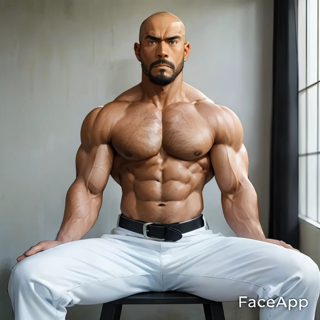 Shirtless and wearing white pants、A 40-year-old shirtless Japanese karateka with a black belt and moustache stands in a dimly lit dojo,Put your back against the wall,Oblique front view from the waist up,A fierce look,Expression distorted in pain,Open the chest,drooling, Pathological look,black belt,put back on the wall,put bottom on the wall,Put your hands in your pockets,Thin arms,Shaved Head,shirtless
