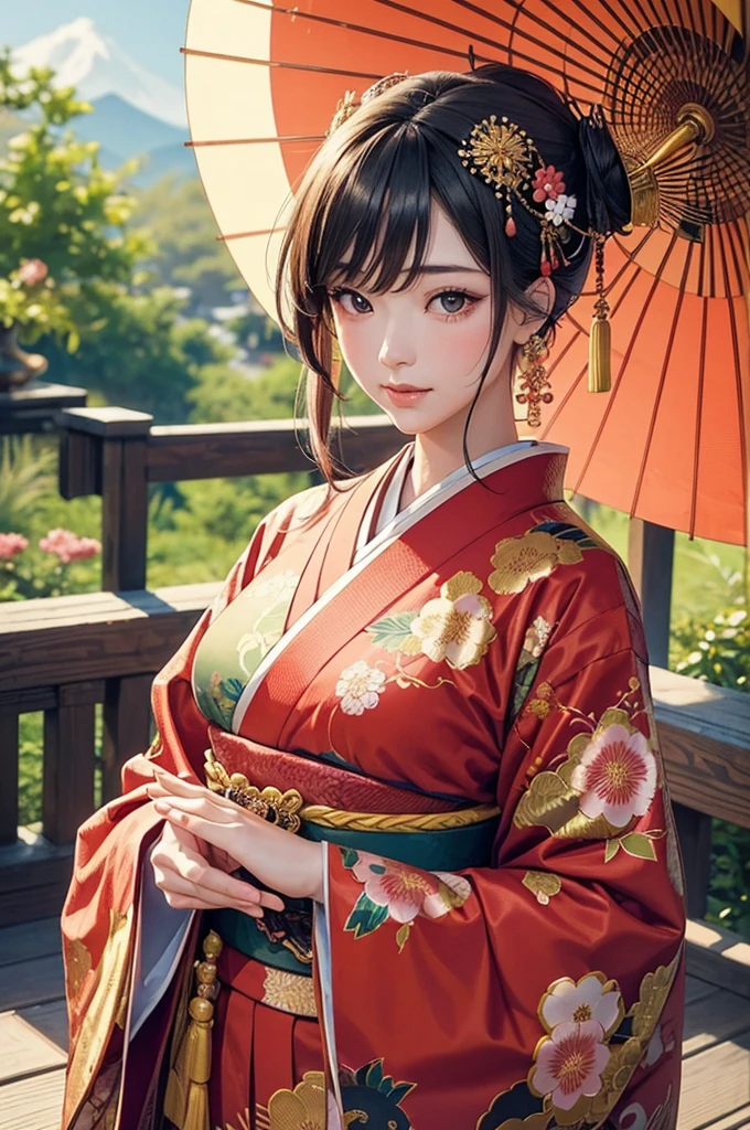 A beautiful Japanese woman is depicted in a vertical, anime-style portrait set in a rich, vibrant background filled with traditional elements. She is dressed in an elaborate, brightly colored kimono adorned with intricate floral patterns and detailed embroidery. The kimono is primarily red with accents of gold, blue, and green, creating a striking and opulent appearance. Her hair is styled in an elaborate updo, adorned with traditional hair ornaments and flowers, enhancing her elegant and regal presence.
The background is a lush, traditional Japanese setting filled with blooming cherry blossoms and ornate decor. On one side of the scene, a large red paper umbrella with white patterns is placed, adding a classic touch to the setting. Traditional Japanese lanterns cast a warm, soft glow, illuminating the intricate details of the woman's kimono and the surrounding decor. The background features a mix of vibrant flowers in red, pink, and green, creating a rich and colorful environment that complements the woman's attire.
The floor is covered with colorful, intricately designed fabrics and traditional tatami mats, adding texture and depth to the scene. The decor elements include golden screens and lacquered furniture, further emphasizing the traditional and luxurious atmosphere. The overall setting is reminiscent of a high-class oiran or courtesan's quarters from the Edo period, adding an element of historical elegance to the scene.
The lighting in the illustration is warm and inviting, casting gentle highlights on the woman's face and the folds of her kimono. The artist employs digital painting techniques to achieve a high level of detail and vibrant colors, particularly in the floral patterns on the kimono and the intricate background elements. The use of soft gradients and subtle brushstrokes adds a sense of depth and realism to the anime-style illustration.
The woman's expression is serene and composed, with large, expressive anime-style eyes that convey a sense