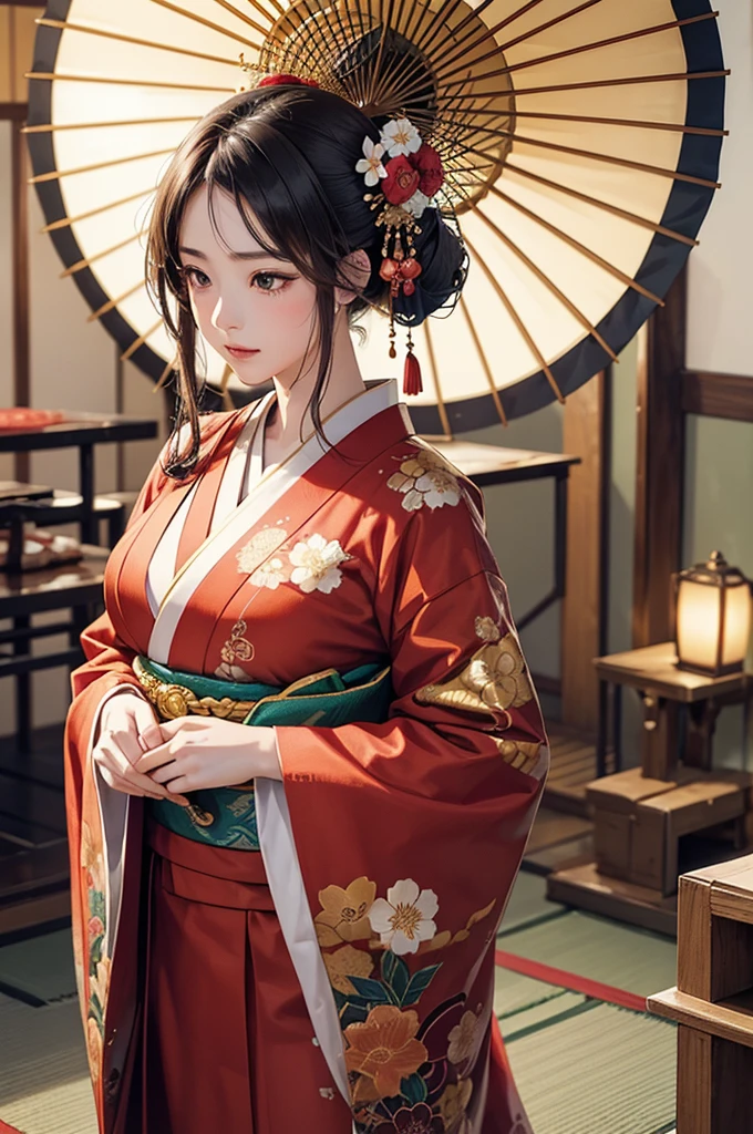 
A beautiful Japanese woman is depicted in a vertical, anime-style portrait set in a rich, vibrant background filled with traditional elements. She is dressed in an elaborate, brightly colored kimono adorned with intricate floral patterns and detailed embroidery. The kimono is primarily red with accents of gold, blue, and green, creating a striking and opulent appearance. Her hair is styled in an elaborate updo, adorned with traditional hair ornaments and flowers, enhancing her elegant and regal presence.

The background is a lush, traditional Japanese setting filled with blooming cherry blossoms and ornate decor. On one side of the scene, a large red paper umbrella with white patterns is placed, adding a classic touch to the setting. Traditional Japanese lanterns cast a warm, soft glow, illuminating the intricate details of the woman's kimono and the surrounding decor. The background features a mix of vibrant flowers in red, pink, and green, creating a rich and colorful environment that complements the woman's attire.

The floor is covered with colorful, intricately designed fabrics and traditional tatami mats, adding texture and depth to the scene. The decor elements include golden screens and lacquered furniture, further emphasizing the traditional and luxurious atmosphere. The overall setting is reminiscent of a high-class oiran or courtesan's quarters from the Edo period, adding an element of historical elegance to the scene.

The lighting in the illustration is warm and inviting, casting gentle highlights on the woman's face and the folds of her kimono. The artist employs digital painting techniques to achieve a high level of detail and vibrant colors, particularly in the floral patterns on the kimono and the intricate background elements. The use of soft gradients and subtle brushstrokes adds a sense of depth and realism to the anime-style illustration.

The woman's expression is serene and composed, with large, expressive anime-style eyes that convey a sense