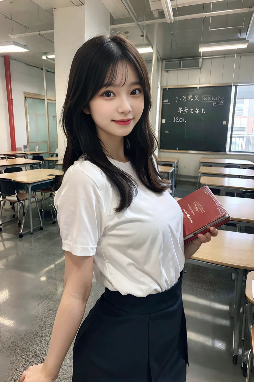 「A beautiful female school teacher stands in front of the classroom、She is wearing a suit with a tight white shirt and a tight he is holding a textbook and smiling gently.。Her medium-wave hair is neatly arranged.、The tight mini skirt accentuates her thighs and buttocks.。We create a professional and friendly atmosphere。A classroom can be seen in the background.、There is a blackboard and student desks.。」