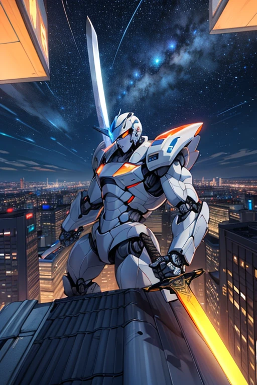((A robot hero who uses a Japanese sword))　((Starry Sky))　((Rooftop of an urban building))