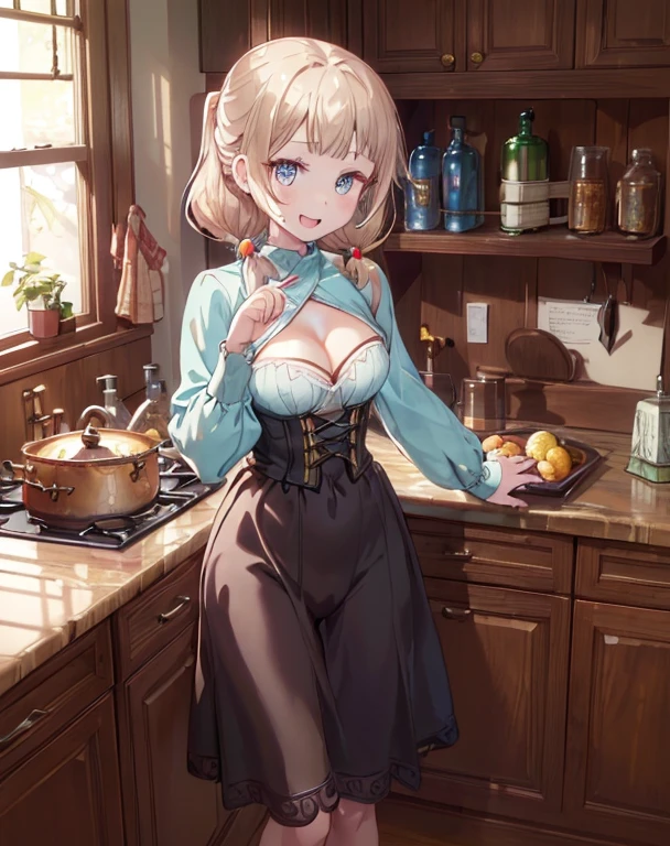 (fantasy:1.5),(8k,masterpiece, top quality, best quality,beautiful and aesthetic:1.2,professional illustrasion:1.1,ultra detail:1.3,perfect lighting),extremely detailed,highest detailed,incredibly absurdres , highres, ultra detailed,intricate:1.6,(Alchemy Workshop:1.4),A girl mixing,Medicine in many small bottles,holding small potion,colorful:1.4,zentangle,(a girl 26yo old),(cute girl),pointed chest:1.3,(double breasted:1.2,under bust:1.2), Amazing Cleavage:1.3, thin waist, big ass, Raised sexy, big breast: 1.2 posed cleavage:1.2,(female alchemy),(highly detailed beautiful face and eyes,firm breasts),oily skin,((bronde hair, long pony tail hair)),thin pubic hair,cute,lovely,beautifuk alchemist costume,smile,in the kitchen,smile,seductive weak smiling,(with sparkling eyes and a contagious smile),open mouth, Looking at Viewer,