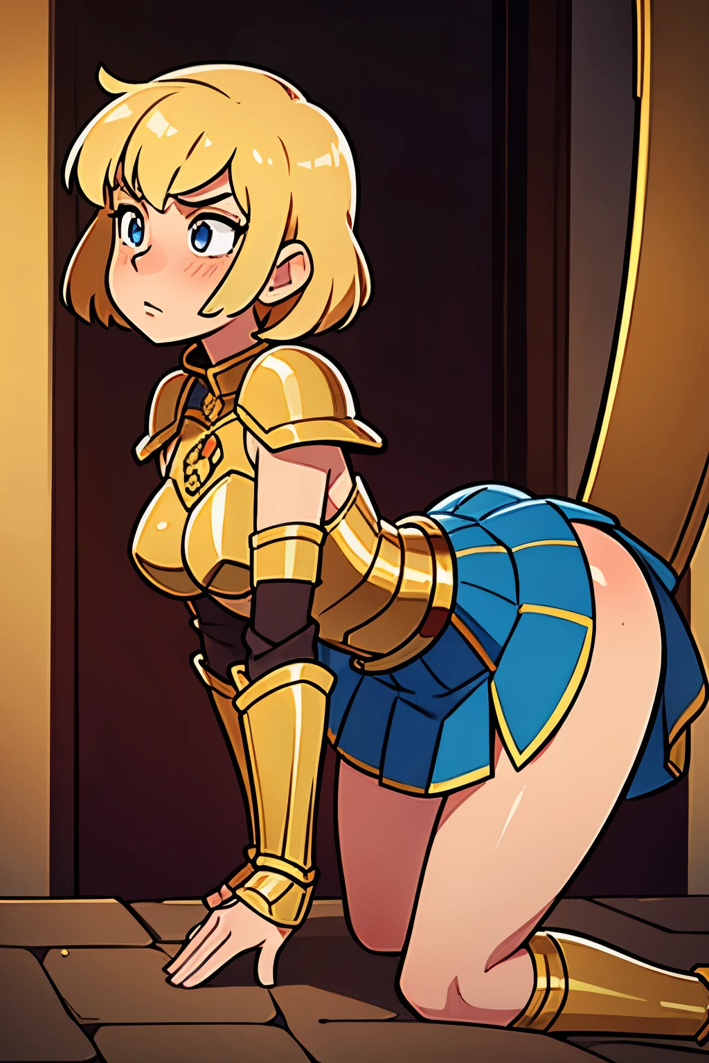Female, woman, girl, noble, gold armor, royal, noble, sexy, armor, sword, bent over, embarrassed, ass revealed, armor skirt, short hair, blonde