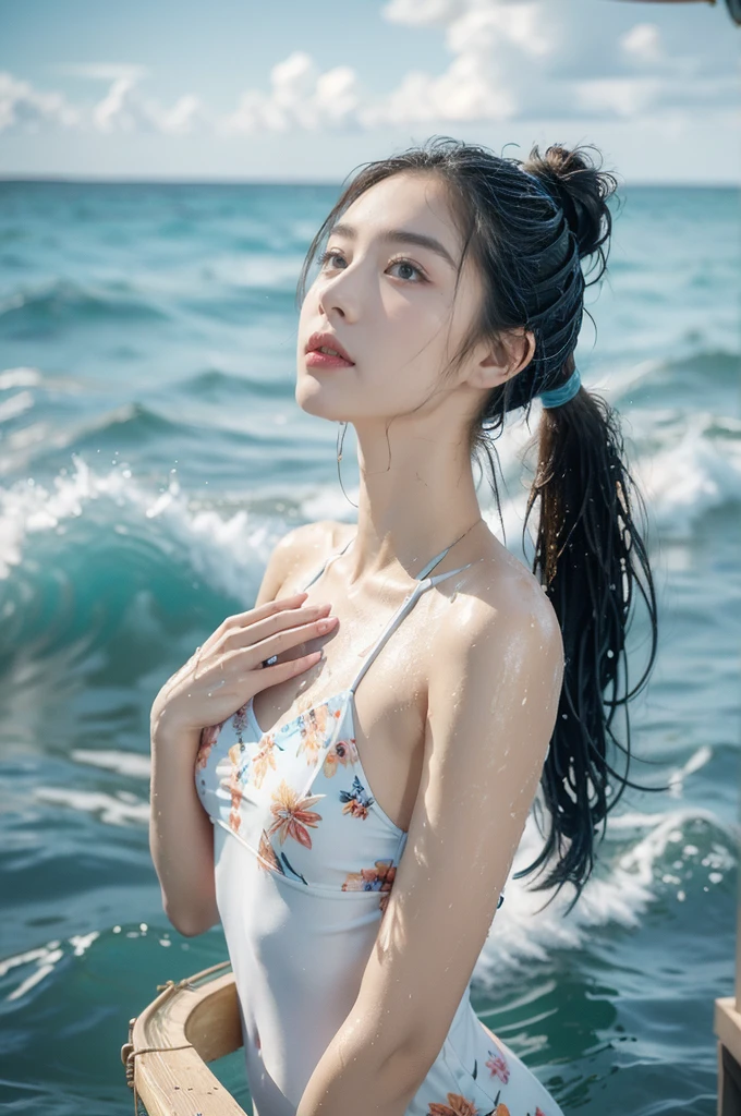 "(((best quality))), (((ultra detailed))), (((masterpiece))), illustration,((1 beautiful young girl,solo)),((slim,thin)),(vibrant floral swimsuit:1.3),((small breasts,flat chest)),(short ponytail:1.2),((shiny skin,sweat,wet)),seaside, summer, joyful, playful, physical features, smooth fair skin, gentle sea breeze, endless azure sky, picturesque backdrop, whiteness of sand, deep blues of the sea, waves crashing, internal turmoil, transformation, standing on the cusp of womanhood, confidence, sexuality, metaphorical plunge, next chapter of life,significance of the moment, beauty of the seaside, celebration of youth, excitement of summer ahead,((from front,upper body))