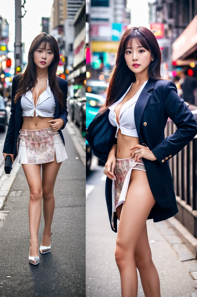 a 17 year old girl, she is the most beautiful actress in the world, the perfect body proportions of this girl, clothed large breasts, the blazer is worn on the shirt, her crotch area of the panties are hardly hidden by short skirt, it's just one frame, it's just front of one body, no space between her head and top frame, the lower than her shins are out of bottom frame, she is standing at the city street, nsfw, best quality, highly detailed, masterpiece, ultra high res, photo realistic, 8k, RAW photo