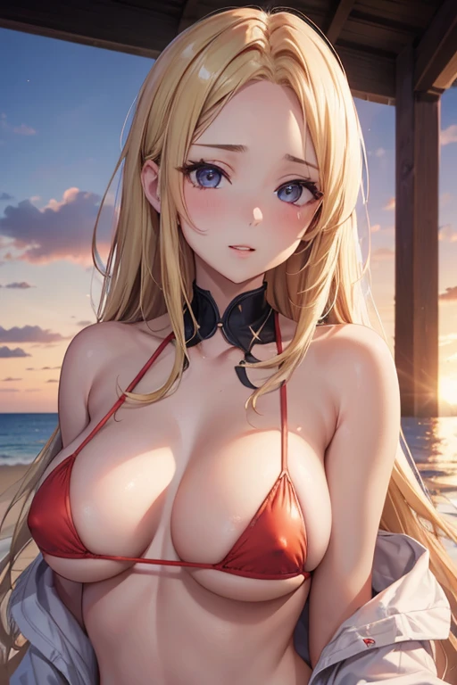 One Woman, Upper Body, Large Breasts, Highest quality, Ultra HD, 4K, Married Woman, Red micro bikini, Beach, sunset, Super Resolution, Highly detailed contours, Highly detailed eyes, Cleavage, Forehead visible, Underboob, Sideboob, Ultra-small micro bikini, Beautiful breasts, Extremely beautiful, Mother, Sexy body, Only cover the nipples, Very sexy , Three-dimensional breasts, Amazing, Proudly, model, Hentai, mother, Details, Droopy eyes, Ample breasts, Blonde,