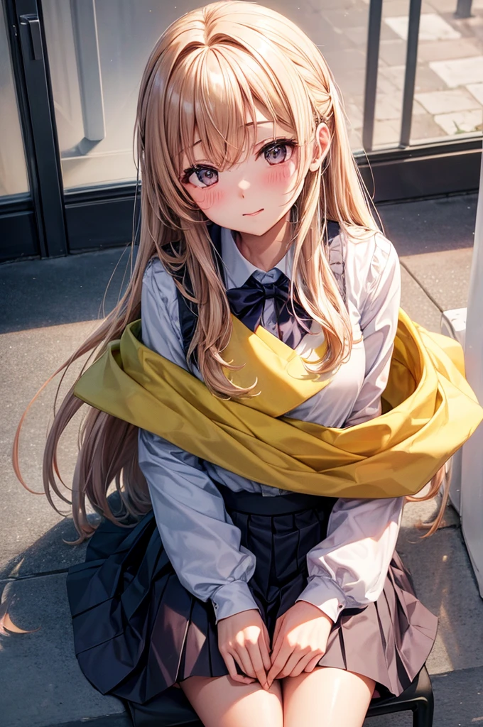 From above, (Squint your eyes:1.2), close, One Girl, blush, sit, Browsing Caution,Beauty Wear a uniform, skirt, Anime movies、濡れた床の上にsit、濡れている椅子の上にsit、濡れているベンチの上にsit