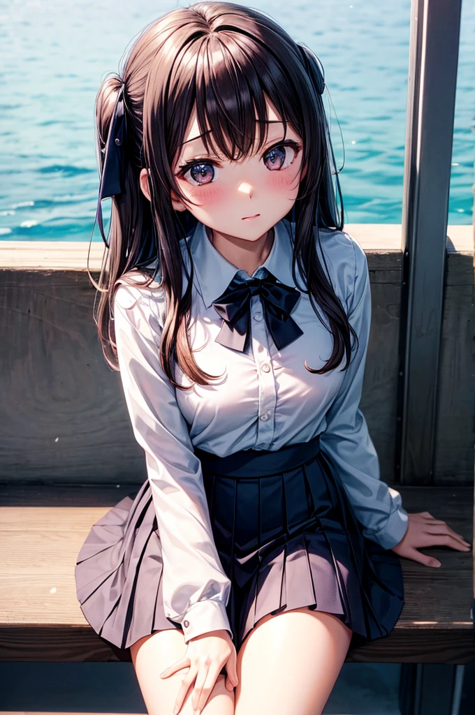 From above, (Squint your eyes:1.2), close, One Girl, blush, sit, Browsing Caution,Beauty　 Wear a uniform, skirt,  Anime movies、濡れた床の上にsit、濡れている椅子の上にsit、濡れているベンチの上にsit