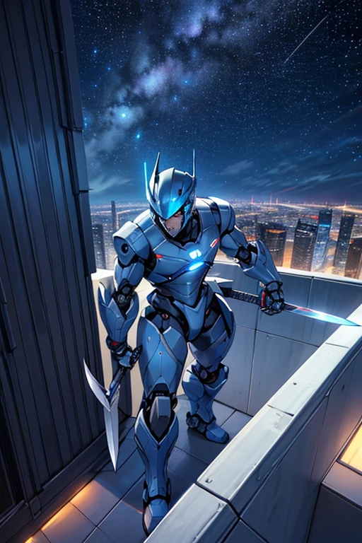 ((A robot hero who uses a Japanese sword))　((Starry Sky))　((Rooftop of an urban building))