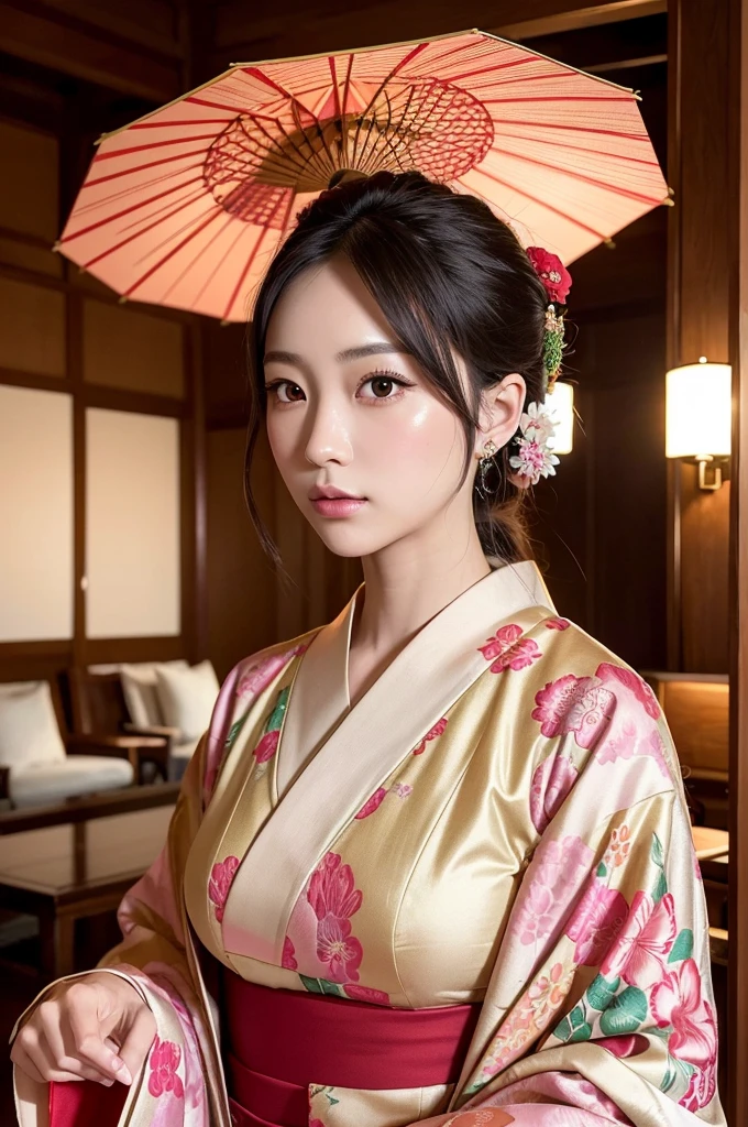 A beautiful Japanese woman is depicted in a vertical, anime-style portrait set in a rich, vibrant background filled with traditional elements. She is dressed in an elaborate, brightly colored kimono adorned with intricate floral patterns and detailed embroidery. The kimono is primarily red with accents of gold, blue, and green, creating a striking and opulent appearance. Her hair is styled in an elaborate updo, adorned with traditional hair ornaments and flowers, enhancing her elegant and regal presence.
The background is a lush, traditional Japanese setting filled with blooming cherry blossoms and ornate decor. On one side of the scene, a large red paper umbrella with white patterns is placed, adding a classic touch to the setting. Traditional Japanese lanterns cast a warm, soft glow, illuminating the intricate details of the woman's kimono and the surrounding decor. The background features a mix of vibrant flowers in red, pink, and green, creating a rich and colorful environment that complements the woman's attire.
The floor is covered with colorful, intricately designed fabrics and traditional tatami mats, adding texture and depth to the scene. The decor elements include golden screens and lacquered furniture, further emphasizing the traditional and luxurious atmosphere. The overall setting is reminiscent of a high-class oiran or courtesan's quarters from the Edo period, adding an element of historical elegance to the scene.
The lighting in the illustration is warm and inviting, casting gentle highlights on the woman's face and the folds of her kimono. The artist employs digital painting techniques to achieve a high level of detail and vibrant colors, particularly in the floral patterns on the kimono and the intricate background elements. The use of soft gradients and subtle brushstrokes adds a sense of depth and realism to the anime-style illustration.
The woman's expression is serene and composed, with large, expressive anime-style eyes that convey a sense