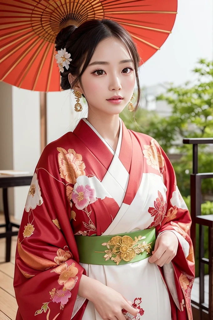 
A beautiful Japanese woman is depicted in a vertical, anime-style portrait set in a rich, vibrant background filled with traditional elements. She is dressed in an elaborate, brightly colored kimono adorned with intricate floral patterns and detailed embroidery. The kimono is primarily red with accents of gold, blue, and green, creating a striking and opulent appearance. Her hair is styled in an elaborate updo, adorned with traditional hair ornaments and flowers, enhancing her elegant and regal presence.

The background is a lush, traditional Japanese setting filled with blooming cherry blossoms and ornate decor. On one side of the scene, a large red paper umbrella with white patterns is placed, adding a classic touch to the setting. Traditional Japanese lanterns cast a warm, soft glow, illuminating the intricate details of the woman's kimono and the surrounding decor. The background features a mix of vibrant flowers in red, pink, and green, creating a rich and colorful environment that complements the woman's attire.

The floor is covered with colorful, intricately designed fabrics and traditional tatami mats, adding texture and depth to the scene. The decor elements include golden screens and lacquered furniture, further emphasizing the traditional and luxurious atmosphere. The overall setting is reminiscent of a high-class oiran or courtesan's quarters from the Edo period, adding an element of historical elegance to the scene.

The lighting in the illustration is warm and inviting, casting gentle highlights on the woman's face and the folds of her kimono. The artist employs digital painting techniques to achieve a high level of detail and vibrant colors, particularly in the floral patterns on the kimono and the intricate background elements. The use of soft gradients and subtle brushstrokes adds a sense of depth and realism to the anime-style illustration.

The woman's expression is serene and composed, with large, expressive anime-style eyes that convey a sense