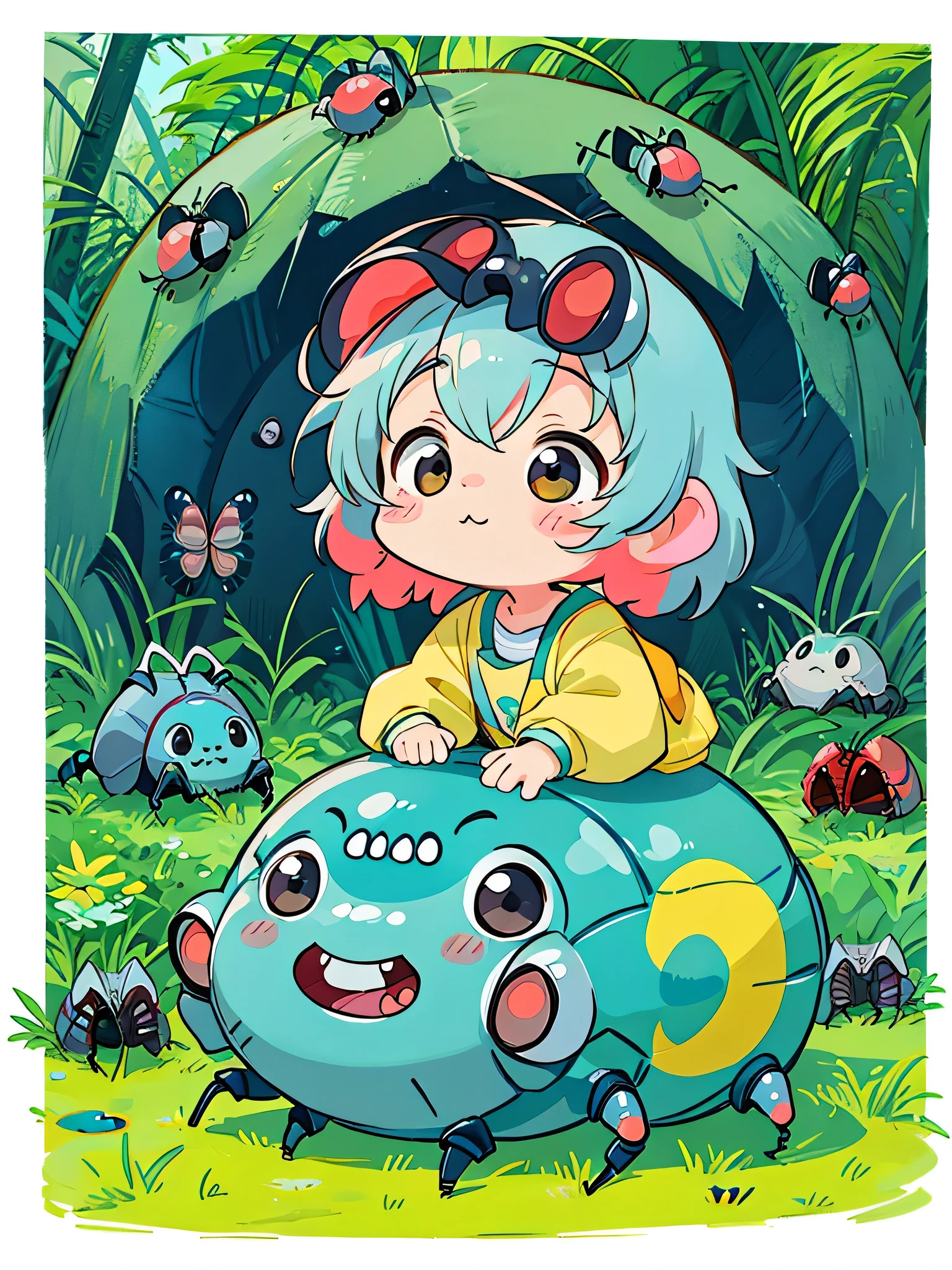 Mika Pikazo style, Kawaii Design, The most beautiful girl of all time、Chibi, (((Colorful and cute pillbugs))), Totoro Forest