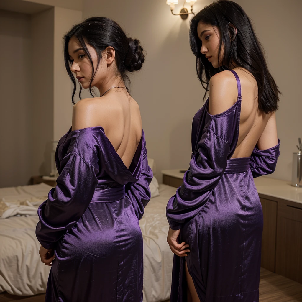 beautiful girl in a purple robe with a lowered shoulder, with black hair, back view