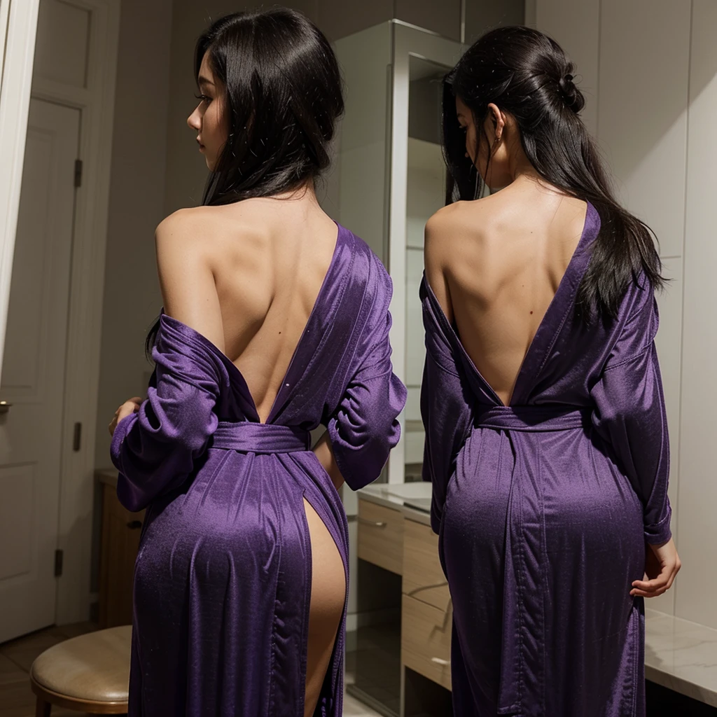 beautiful girl in a purple robe with a lowered shoulder, with black hair, back view