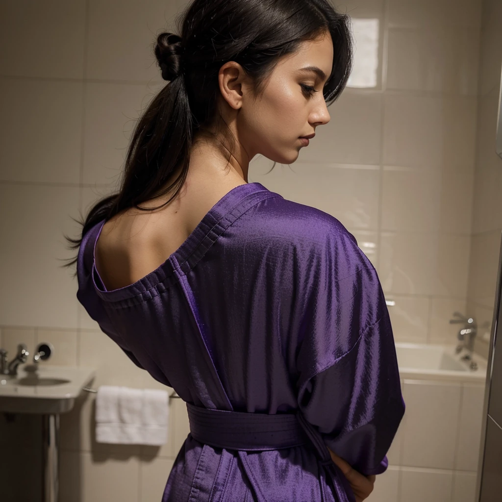 beautiful girl in a purple robe with a lowered shoulder, with black hair, back view 