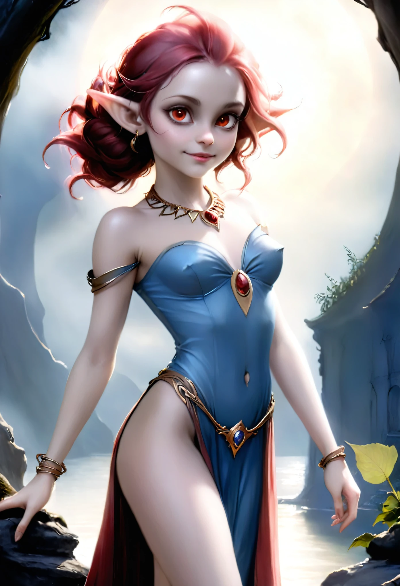 (Realisttic:1.2), analog photo style, (cute goblin wooman looking like elf, intensed red eyes, surrounded by a gloomy antique setting), (her full body s a visual pleasure), faint smile, soft shading expresses beautiful skin texture, ???? and seductive, Graceful curve, an elegant necklace, thin bracelets on the wrist, rich and lustrous hair, three dimensional effect, gloomy dark atmosphere, play of light in the sun rays, a delicate balance between beauty and darkness, faded colours, great quality, Masterpiece, intricate fantasy background, naturally cinematic light, 16k quality, HDR, RAW photo