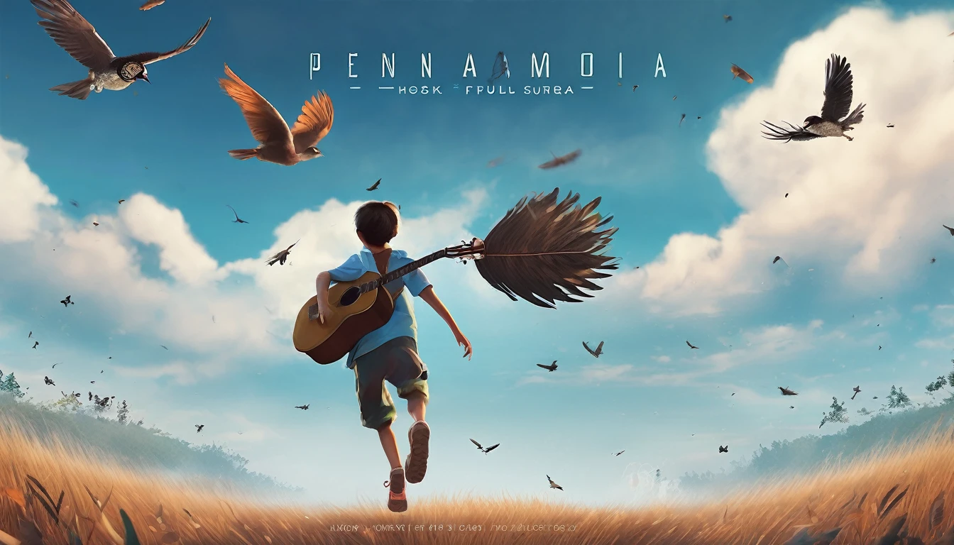 Create a professional, fantastic, cinematic Youtube Banner for a brand about music and stories called " Penamemoria". Masterpiece, 4k, sharp focus, highest quality,wide shot. The title is " Penamemoria". Is a brand about the creative, unique journey of a boy into becoming a musician storyteller. In his journey he finds inspiration in a world of birds and feathers. Minimalistic, simple, poetic, dreamy logotype at the center of the image. The Background image is a world full of fantastic feathers, unique birds, light blue sky, and a boy running happily into the horizon with an acoustic guitar in his right hand. Boy running against the wind, almost simulating like he is flying