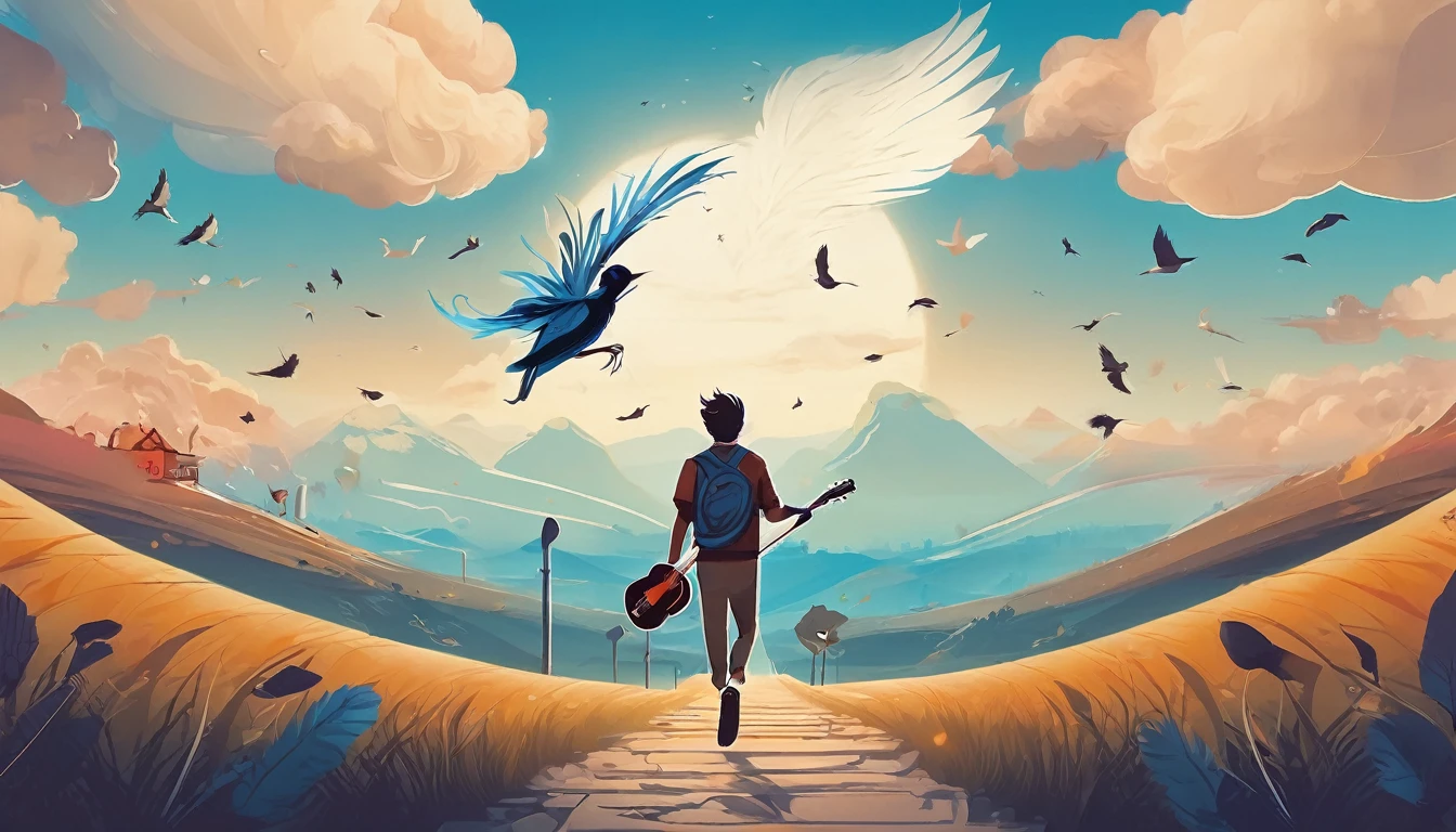 Create a professional, fantastic, cinematic Youtube Banner for a brand about music and stories called " Penamemoria". Masterpiece, 4k, sharp focus, highest quality,wide shot. The title is " Penamemoria". Is a brand about the creative, unique journey of a boy into becoming a musician storyteller. In his journey he finds inspiration in a world of birds and feathers. Minimalistic, simple, poetic, dreamy logotype at the center of the image. The Background image is a world full of fantastic feathers, unique birds, light blue sky, and a boy running happily into the horizon with an acoustic guitar in his right hand. Boy running against the wind, almost simulating like he is flying