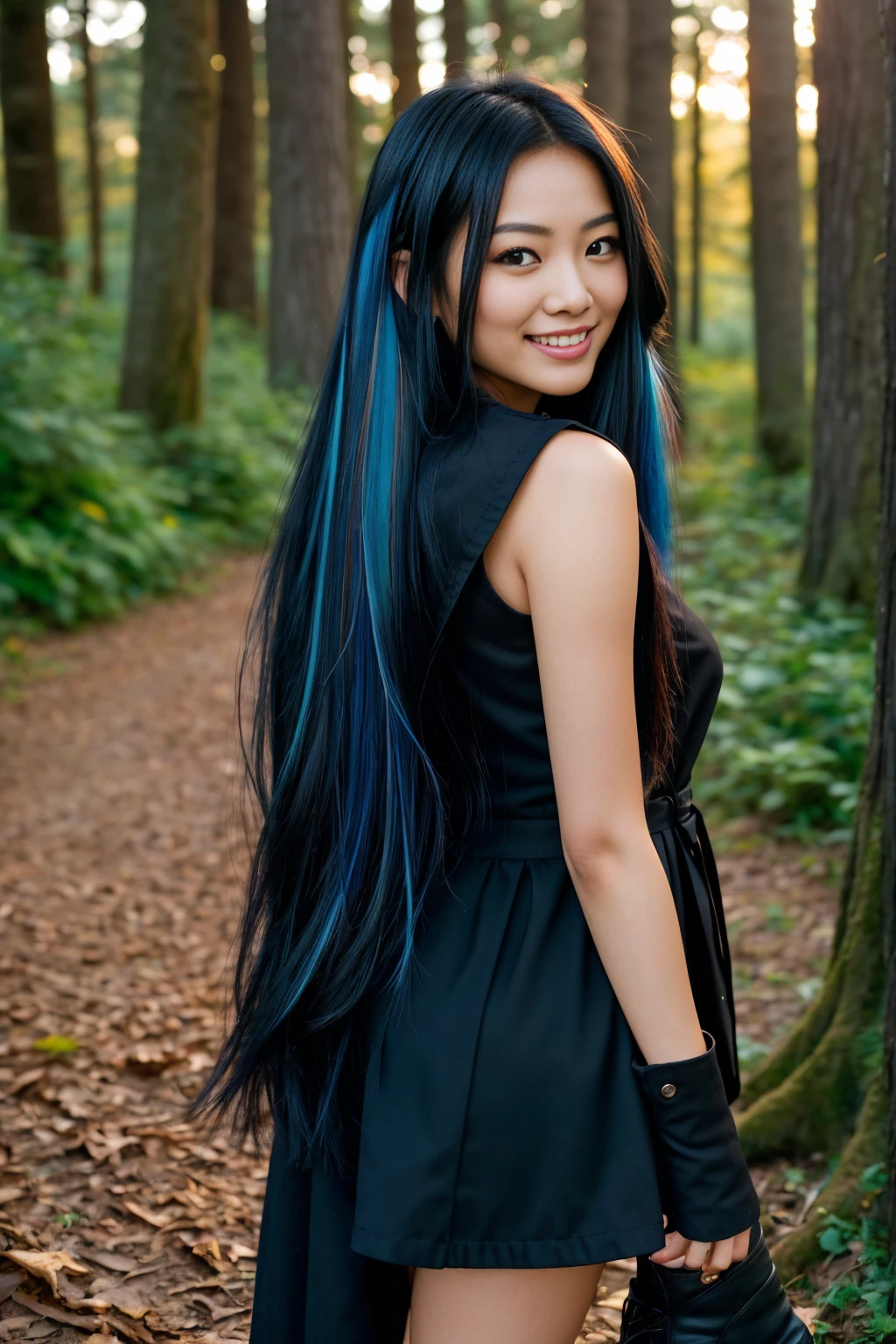 arafed woman with long black hair with blue highlights waælking in the forest , flowing black hair, with black hair, photo of a beautiful woman, long flowing black hair, black golden hour, curly black hair, beautiful young asian woman, beautiful asian woman, wild ginger hair, black wispy hair, light black hair, a young asian woman, an asian woman, infp young woman, photo of a 24-year-old french girl in RAW UHD format from the back, Details (textures! , Hair! , glistering, Color!! , imperfections: 1.1), DSLR Lighting, SLR camera, Ultra-Quality, sharpness, Film grain (walking), Fujifilm XT3, Crystal clear, Frame Center, sharp-focus, bokeh (lit), day time, (open sky), detailed skin pores, oilly skin, suntan, Complex eye details, (((long distance, full body))), (((good hands, best hands))), (((beautiful boots))), ((smiling))