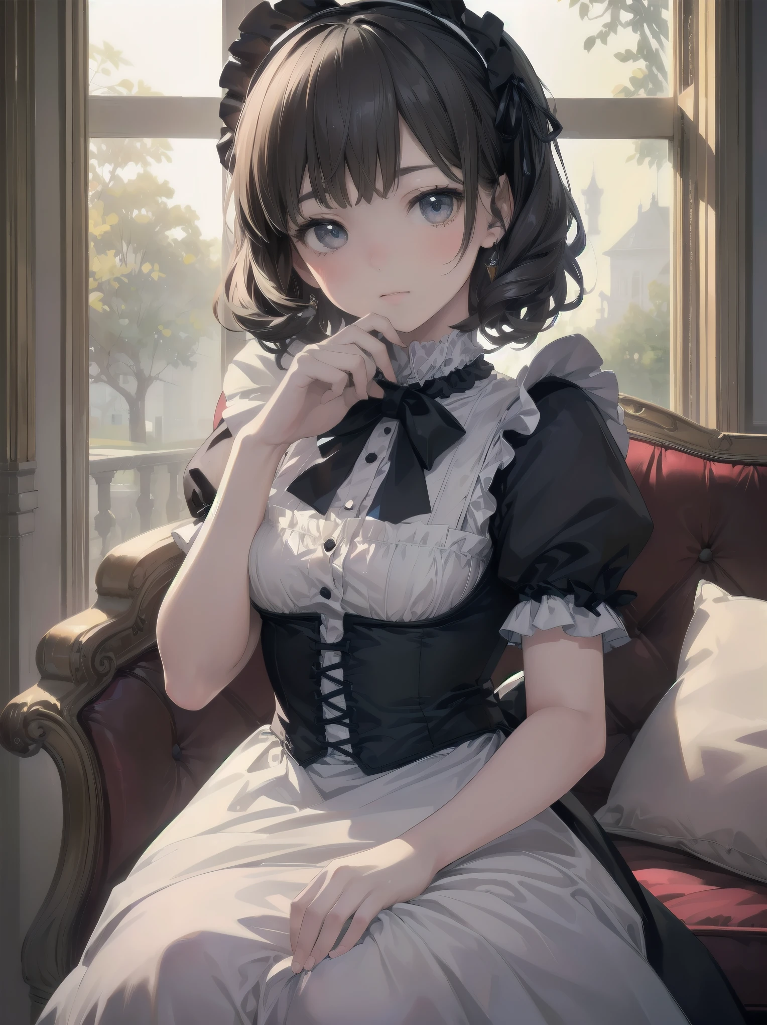 (Highest quality、16K、masterpiece、Ultra-high resolution、Victorian era、Photorealistic:1.2)、A delicate Lolita girl, aged 13、Cute poses of a lolita maid、