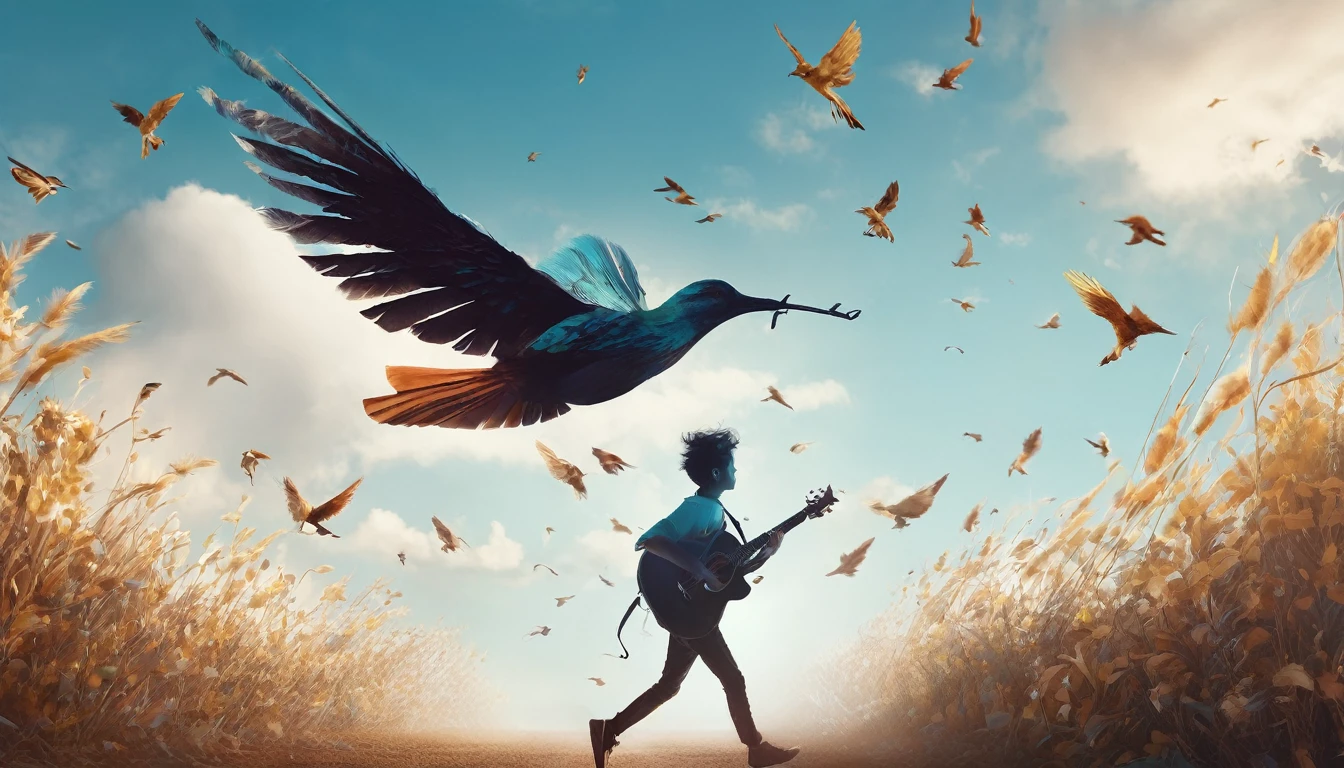 Create a professional, fantastic, cinematic Youtube Banner for a brand about music and stories called " Penamemoria". Masterpiece, 4k, sharp focus, highest quality,wide shot. The title is " Penamemoria". Is a brand about the creative, unique journey of a boy into becoming a musician storyteller. In his journey he finds inspiration in a world of birds and feathers. Minimalistic, simple, poetic, dreamy logotype at the center of the image. The Background image is a world full of fantastic feathers, unique birds, light blue sky, and a boy running happily into the horizon with an acoustic guitar in his right hand. Boy running against the wind, almost simulating like he is flying