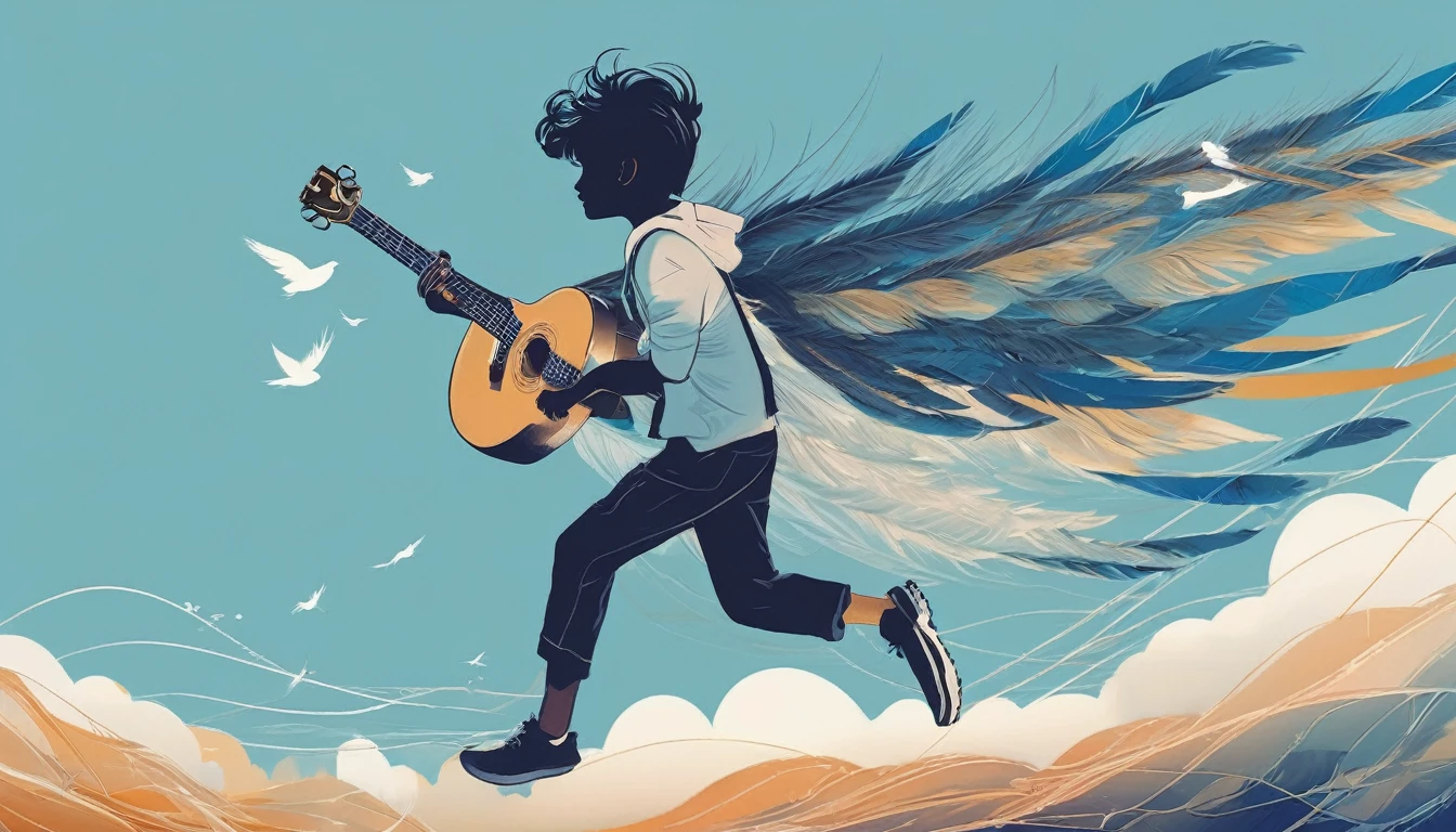 Create a professional, fantastic, cinematic Youtube Banner for a brand about music and stories called " Penamemoria". Masterpiece, 4k, sharp focus, highest quality,wide shot. The title is " Penamemoria". Is a brand about the creative, unique journey of a boy into becoming a musician storyteller. In his journey he finds inspiration in a world of birds and feathers. Minimalistic, simple, poetic, dreamy logotype at the center of the image. The Background image is a world full of fantastic feathers, unique birds, light blue sky, and a boy running happily into the horizon with an acoustic guitar in his right hand. Boy running against the wind, almost simulating like he is flying