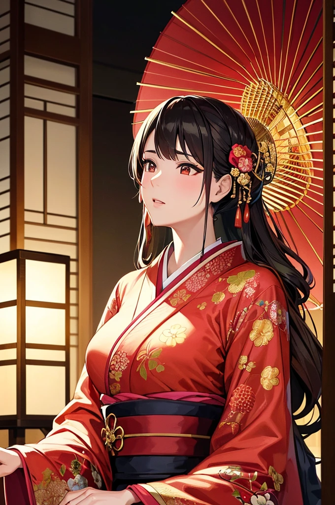 
A beautiful Japanese woman is depicted in a vertical, anime-style portrait set in a rich, vibrant background filled with traditional elements. She is dressed in an elaborate, brightly colored kimono adorned with intricate floral patterns and detailed embroidery. The kimono is primarily red with accents of gold, blue, and green, creating a striking and opulent appearance. Her hair is styled in an elaborate updo, adorned with traditional hair ornaments and flowers, enhancing her elegant and regal presence.

The background is a lush, traditional Japanese setting filled with blooming cherry blossoms and ornate decor. On one side of the scene, a large red paper umbrella with white patterns is placed, adding a classic touch to the setting. Traditional Japanese lanterns cast a warm, soft glow, illuminating the intricate details of the woman's kimono and the surrounding decor. The background features a mix of vibrant flowers in red, pink, and green, creating a rich and colorful environment that complements the woman's attire.

The floor is covered with colorful, intricately designed fabrics and traditional tatami mats, adding texture and depth to the scene. The decor elements include golden screens and lacquered furniture, further emphasizing the traditional and luxurious atmosphere. The overall setting is reminiscent of a high-class oiran or courtesan's quarters from the Edo period, adding an element of historical elegance to the scene.

The lighting in the illustration is warm and inviting, casting gentle highlights on the woman's face and the folds of her kimono. The artist employs digital painting techniques to achieve a high level of detail and vibrant colors, particularly in the floral patterns on the kimono and the intricate background elements. The use of soft gradients and subtle brushstrokes adds a sense of depth and realism to the anime-style illustration.

The woman's expression is serene and composed, with large, expressive anime-style eyes that convey a sense