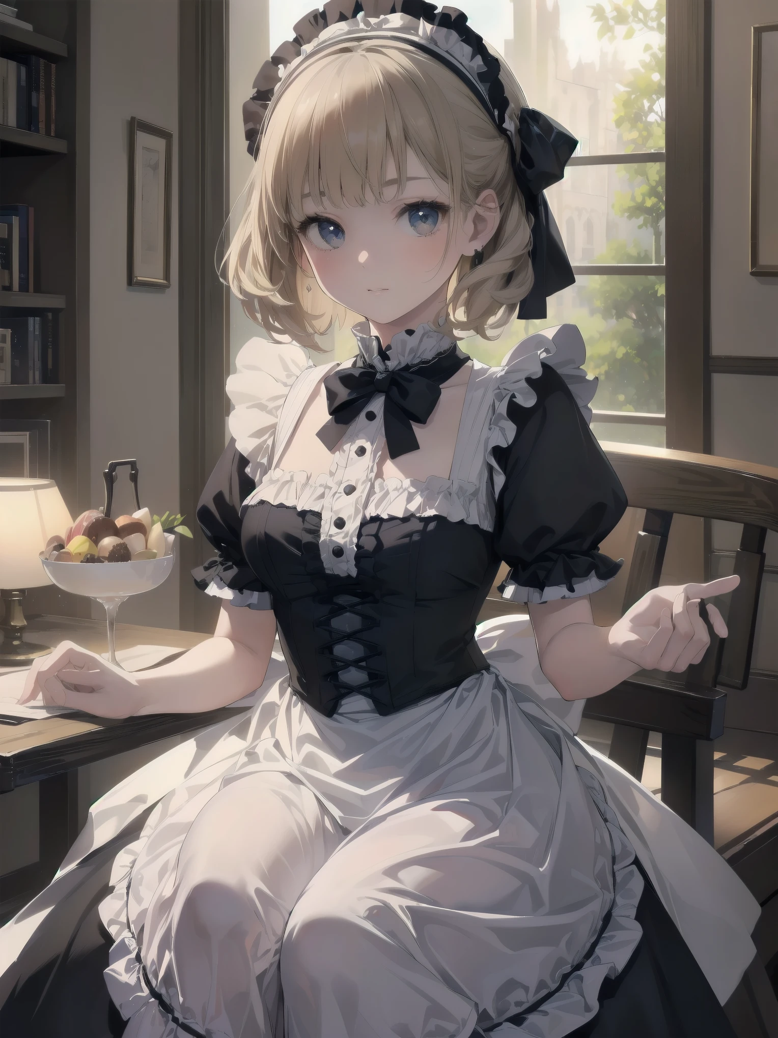 (Highest quality、16K、masterpiece、Ultra-high resolution、Victorian era、Photorealistic:1.2)、A delicate Lolita girl, aged 13、Cute poses of a lolita maid、
