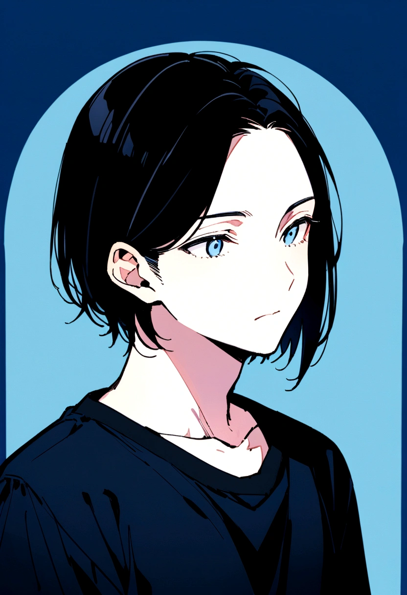 male、Beautifully straight, center parted、male、Medium black hair、profile、profileの待ち受け、黒髪のCenter part that exposes the forehead・profileのイラストアイコン,Black hair center part、Flat painting - Portrait:30代前半のmaleで、Hair should be parted in the center。 ·atmosphere:It has a stylish atmosphere.、Simple fill、With a bright feeling、Center part that exposes the forehead,Blue background、For SNS icons、T-Shirts、Solid blue background,Short cut、