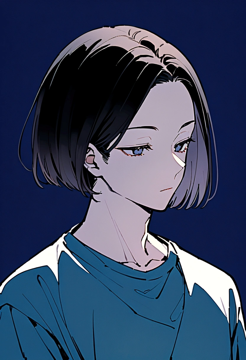 male、Beautifully straight, center parted、male、Medium black hair、profile、profileの待ち受け、黒髪のCenter part that exposes the forehead・profileのイラストアイコン,Black hair center part、Flat painting - Portrait:30代前半のmaleで、Hair should be parted in the center。 ·atmosphere:It has a stylish atmosphere.、Simple fill、With a bright feeling、Center part that exposes the forehead,Blue background、For SNS icons、T-Shirts、Solid blue background,Short cut、