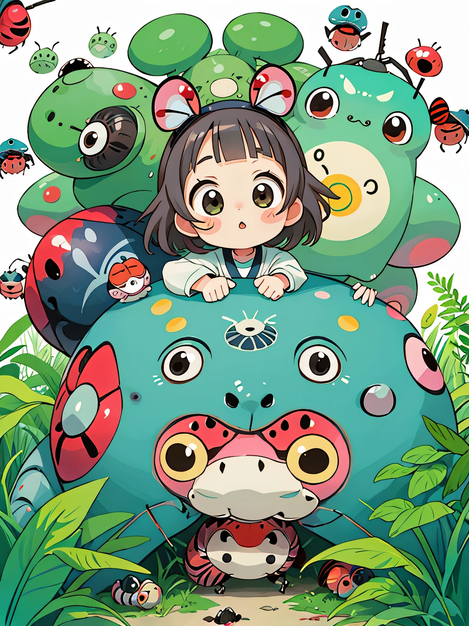 Takashi Murakami style, Kawaii Design, The most beautiful girl of all time、Chibi, (((Colorful and cute pillbugs))), Totoro Forest
