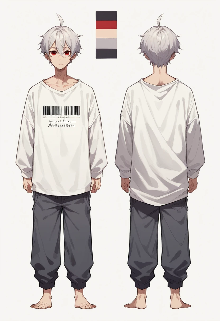 2D model reference sheet of anime boy, silver hair, ahoge, red eyes, cheek barcode, white oversized sweatshirt and pants, barefoot, front side and back views, turnaround, white background