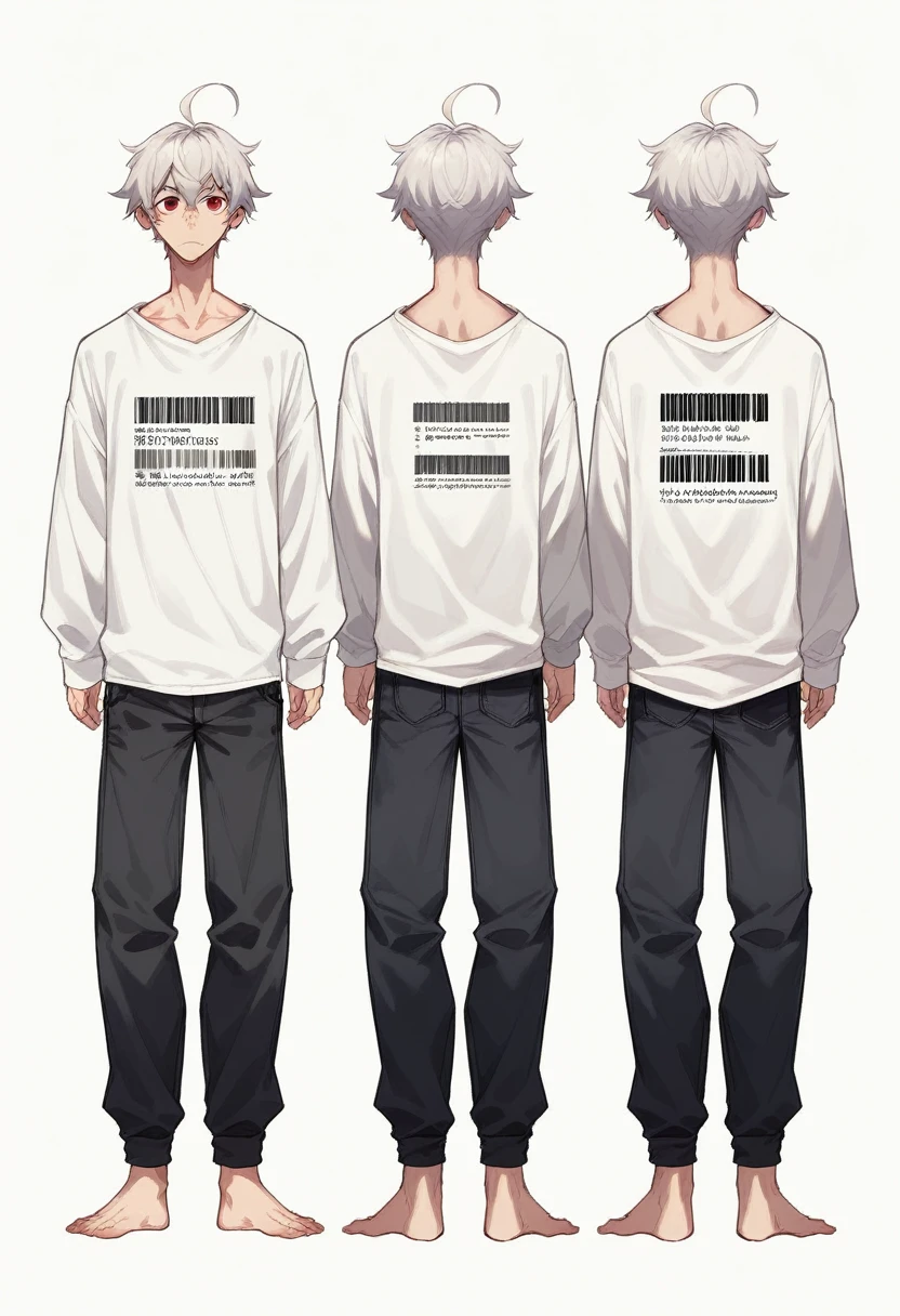 2D model reference sheet of anime boy, silver hair, ahoge, red eyes, cheek barcode, white oversized sweatshirt and pants, barefoot, front side and back views, turnaround, white background