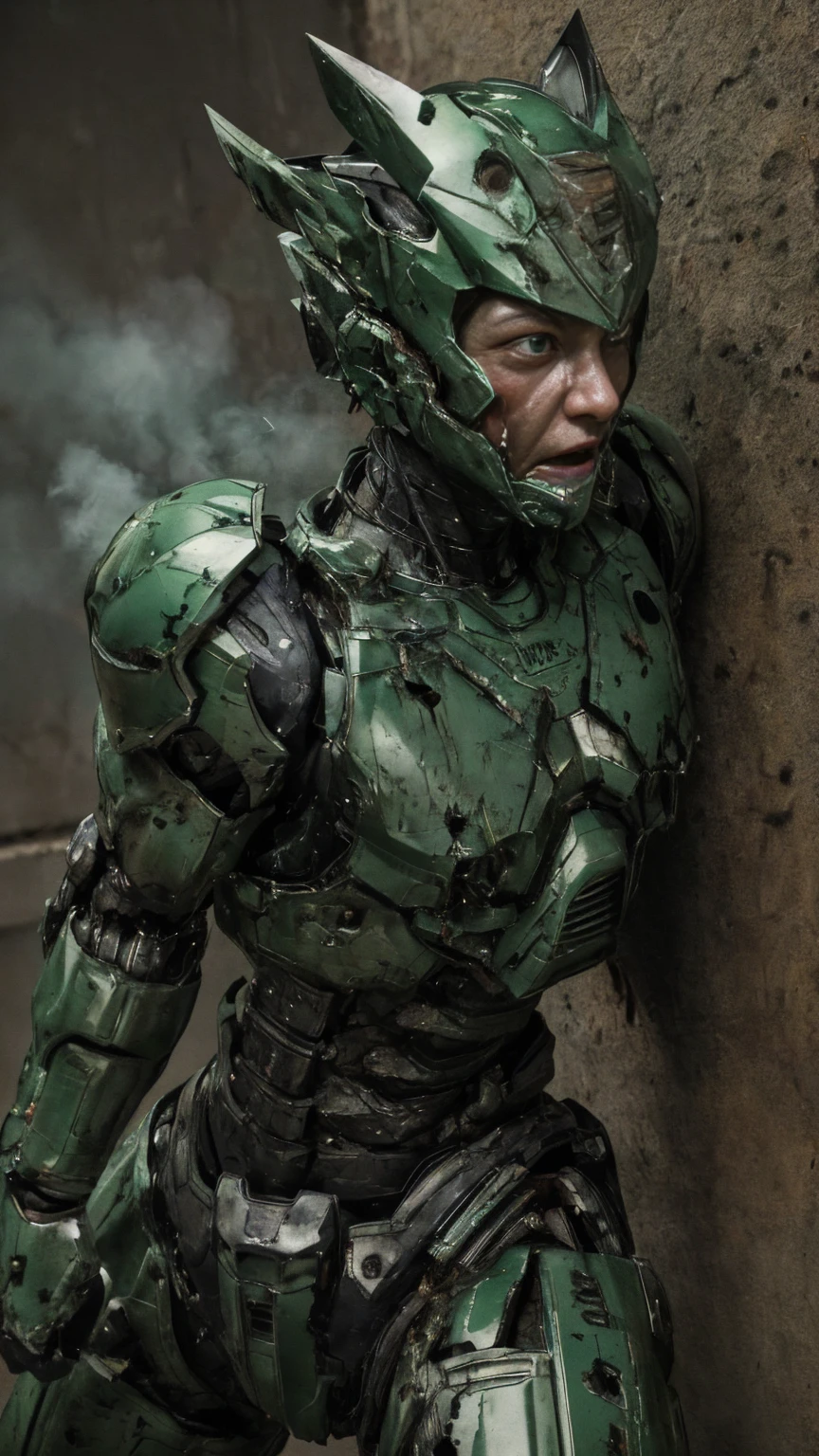 Rough skin, Very detailed, Advanced Details, high quality, 最high quality, High resolution, 1080P 、Bleeding from the wound、Sexy Eyes、Wearing green and black、cute((The whole body is sweating))(Equipped with a damaged battle suit....)(Dark green armor)(Broken Armor)Black Hair、Chiquita、short hair、Open your mouth、Painful expression、It hurts again、Healthy Skin、20-year-old female defeat (Steam coming out of the face) ((Steam from the body)) Unable to fight Severe attacks ((I was thrown against the wall、Headgear broke. )) Flying debris bare hands Armor Stripping