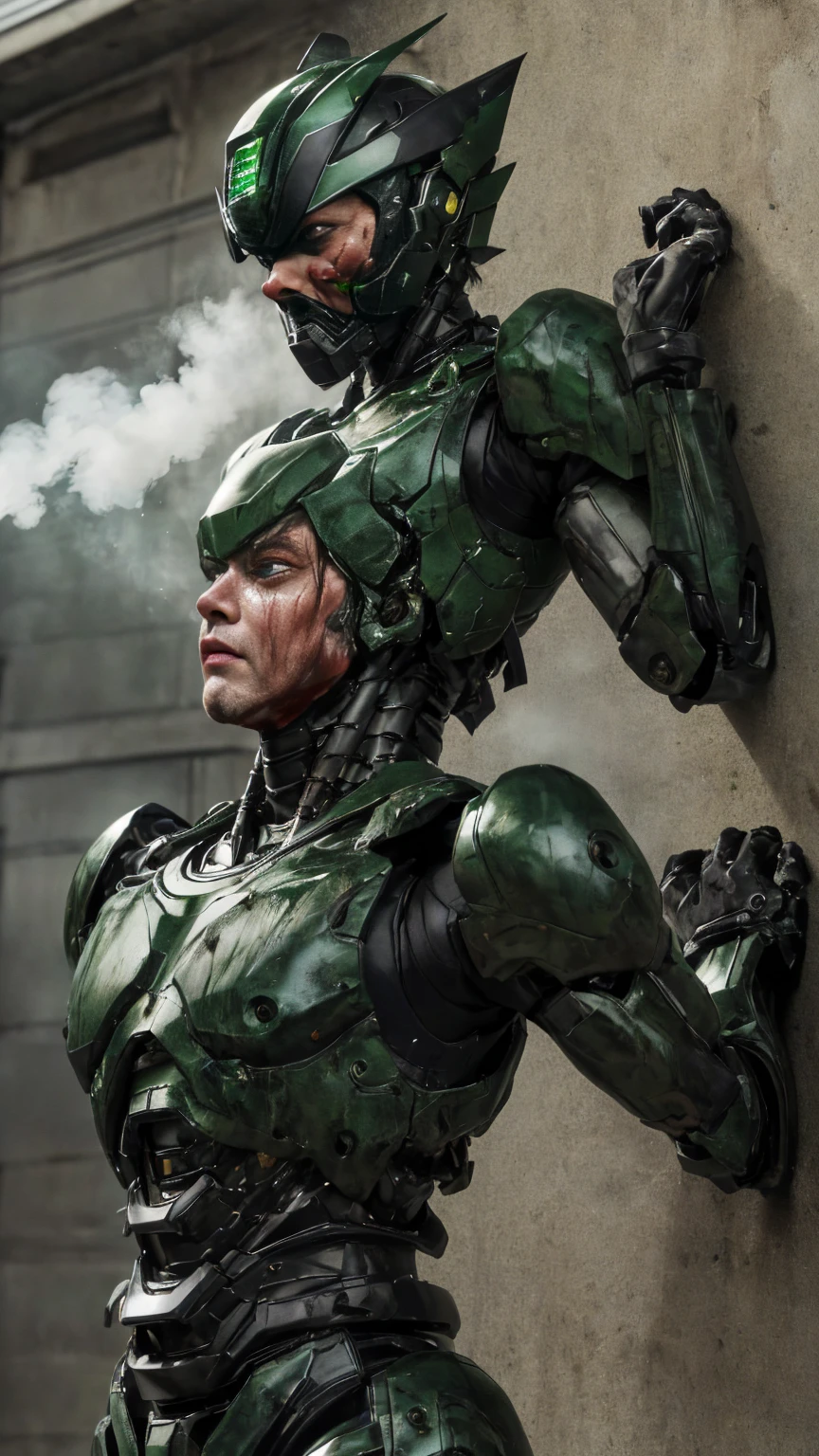 Rough skin, Very detailed, Advanced Details, high quality, 最high quality, High resolution, 1080P 、Bleeding from the wound、Sexy Eyes、Wearing green and black、cute((The whole body is sweating))(Equipped with a damaged battle suit....)(Dark green armor)(Broken Armor)Black Hair、Chiquita、short hair、Open your mouth、Painful expression、It hurts again、Healthy Skin、20-year-old female defeat (Steam coming out of the face) ((Steam from the body)) Unable to fight Severe attacks ((I was thrown against the wall、Headgear broke. )) Flying debris bare hands Armor Stripping