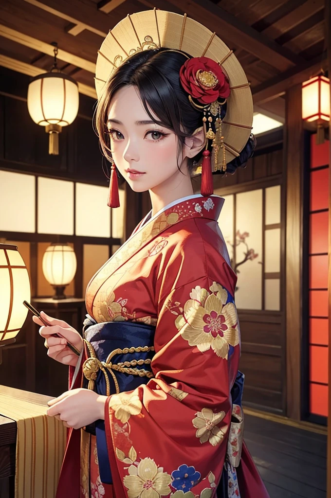 
A beautiful Japanese woman is depicted in a vertical, anime-style portrait set in a rich, vibrant background filled with traditional elements. She is dressed in an elaborate, brightly colored kimono adorned with intricate floral patterns and detailed embroidery. The kimono is primarily red with accents of gold, blue, and green, creating a striking and opulent appearance. Her hair is styled in an elaborate updo, adorned with traditional hair ornaments and flowers, enhancing her elegant and regal presence.

The background is a lush, traditional Japanese setting filled with blooming cherry blossoms and ornate decor. On one side of the scene, a large red paper umbrella with white patterns is placed, adding a classic touch to the setting. Traditional Japanese lanterns cast a warm, soft glow, illuminating the intricate details of the woman's kimono and the surrounding decor. The background features a mix of vibrant flowers in red, pink, and green, creating a rich and colorful environment that complements the woman's attire.

The floor is covered with colorful, intricately designed fabrics and traditional tatami mats, adding texture and depth to the scene. The decor elements include golden screens and lacquered furniture, further emphasizing the traditional and luxurious atmosphere. The overall setting is reminiscent of a high-class oiran or courtesan's quarters from the Edo period, adding an element of historical elegance to the scene.

The lighting in the illustration is warm and inviting, casting gentle highlights on the woman's face and the folds of her kimono. The artist employs digital painting techniques to achieve a high level of detail and vibrant colors, particularly in the floral patterns on the kimono and the intricate background elements. The use of soft gradients and subtle brushstrokes adds a sense of depth and realism to the anime-style illustration.

The woman's expression is serene and composed, with large, expressive anime-style eyes that convey a sense